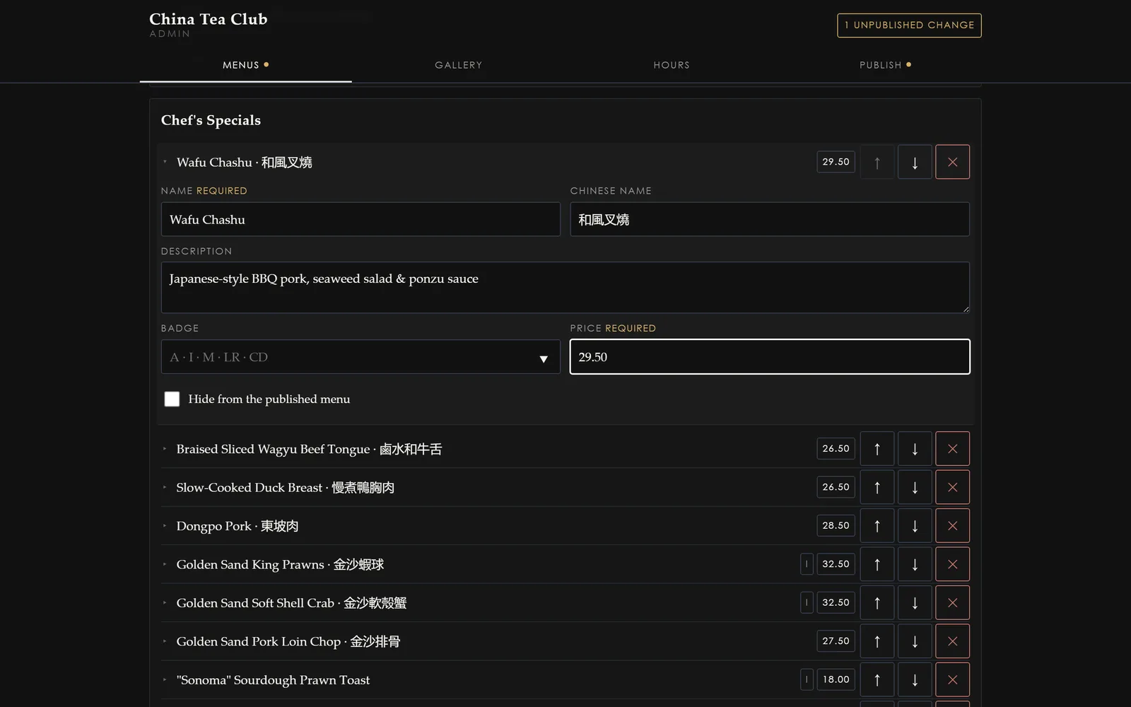 The China Tea Club admin console on a phone, showing the menu editor with dish names, descriptions and prices in editable fields, and an add-dish button at the bottom of the section.